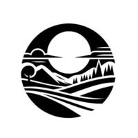 Monochromatic landscape scene within a circle featuring stylized rolling hills, mountains, trees, clouds and sun, creating a minimalist design. vector