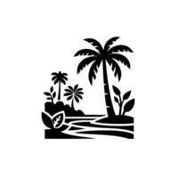 Monochrome Silhouette of a Tropical Island Scene Palm Trees, Plants, and Shoreline Creating a Minimalist Landscape vector