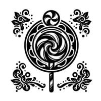 Intricate black and white lollipop with symmetrical floral accents and swirling details, in a graphic, decorative style. vector