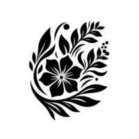 Black Floral Ornament on White Detailed Illustration of a Flower and Leaf Motif, Symmetric Design. vector
