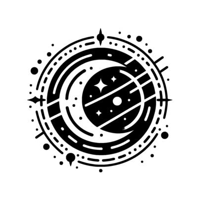 Black and White Celestial Mandala Crescent Moon, Stars, and Dotted Rings in Abstract Geometric