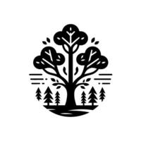 Stylized black and white design, featuring a large tree with leafy crown, surrounded by smaller pine trees, all within a circular form. vector