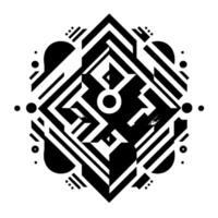 Geometric Black White Artwork A Symmetrical Hexagon with Intricate Line Patterns and Abstract Shapes Centered. vector