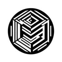 Abstract black and white geometric cube illusion within a circle, optical illusion with striped patterns. vector