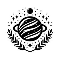 Black and White Celestial Illustration A stylized planet encircled by a floral crest, surrounded by stars and celestial bodies. vector