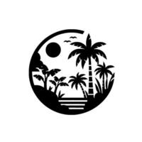 Silhouette of a tropical paradise enclosed within a circular frame, featuring palm trees, sun, birds, and a tranquil coastal scene in a minimalist design. vector