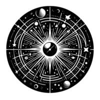 Black and white celestial compass featuring planets, stars, rays, and geometric patterns. vector