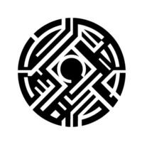 Intricate Black White Circular Geometric Pattern with Mazelike Structure and Central Circle, Isolated on White. vector