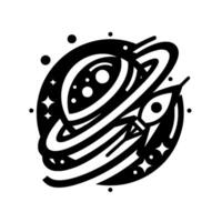 Minimalist Black White of a Rocket Ship Orbiting a Ringed Planet in Space, Amidst Stars. vector