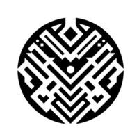 A symmetrical black and white circular featuring geometric patterns, lines, shapes, and a central dot. vector