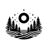 Stylized black and white nature illustration featuring an encircled star, coniferous trees, rolling hills and a starry sky. vector
