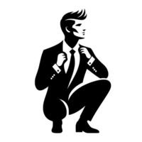 Bold Silhouette of a Squatting Man in a Tailored Suit, Adjusting His Collar, in a Modern Black and White Style. vector