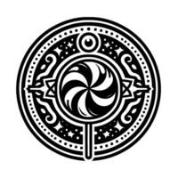 Intricate Black and White Swirl Lollipop within a Circular Ornamental Frame on a White Background. vector