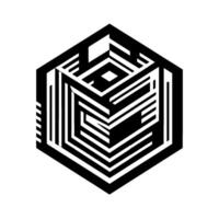 Isometric Black and White Geometric Cube Illusion with Labyrinthine Interior on White Background, Abstract Art vector