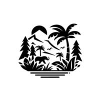 Silhouette of a Tranquil Jungle Scene Featuring an Elephant, Palm Trees, Mountains, Birds, and Sun. vector