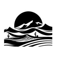 Bold black and white minimalist illustration of a desert landscape featuring the sun, mountains, and cacti, creating a tranquil atmosphere. vector