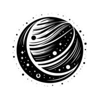 A stylized black and white depiction of a cosmic planet with swirling bands and celestial bodies set against a clean white background. vector