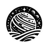 Black and white celestial circular featuring a striped planet with cosmic elements stars, celestial bodies, and stylized waves, set against a pristine white background. vector