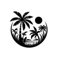 Silhouette illustration of a tropical scene inside a circle, with palm trees, monkey, sun, and beach on a white background. vector