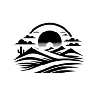 Minimalist Black and White Desert Landscape with SunriseSunset, Cactus, Mountains, Clouds, and Horizon. vector