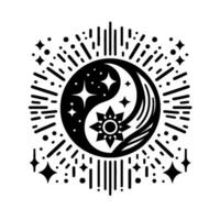 Symbolic YinYang Composition with Celestial Elements Moon, Stars, and Sunburst Detail in a Clean, Geometric Black and White Design. vector
