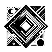 Geometric Black and White Composition Featuring Diamonds, Lines, Circles, and Celestial Motifs in a Symmetrical Pattern. vector