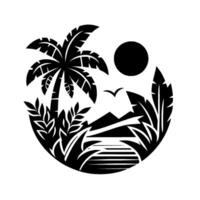 Monochromatic Circular Illustration of a Tropical Scene Palm Tree, Sun, Mountains, and Water with a Silhouette Bird. vector