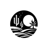 Silhouette of a desert landscape within a circle, featuring cacti, palm tree, rolling dunes under a moonlit night sky. vector
