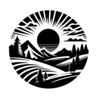 Black and white circular illustration of a mountain landscape featuring a sun, forest, clouds, and stylized terrain. vector