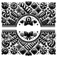 Black and white circular candy illustration with swirls, bowties, sweets, and layered symmetrical design. vector