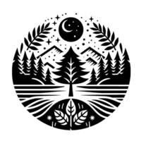 Silhouette of a night forest scene inside a circular frame, featuring a crescent moon, stars, mountains, and detailed foliage. vector
