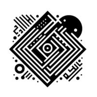 Abstract geometric black and white digital art with concentric diamond, dotted lines, shapes, and circle accents on a clean white background. vector