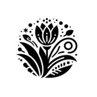 Intricate Black and White Floral Emblem in a Circular Arrangement Featuring Delicate Leaves, Petals, and Decorative Dots on a Clean Background. vector