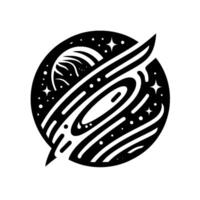 A stylized black and white illustration of a celestial scene within a circular frame, featuring a planet, ringed structure, stars and stylized comet. vector