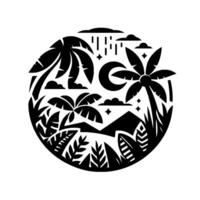 Monochrome Tropical Paradise A Circular Composition with Palm Trees, Crescent Moon, and Lush Foliage Under a Cloudy Sky. vector
