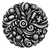 Whimsical black and white circular illustration of various candies, lollipops, and swirls, creating a sweet, decorative with star accents. vector
