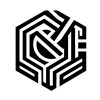 Abstract black and white geometric featuring a hexagonal frame with a stylized interwoven letterform, mazelike elements, and negative space. vector
