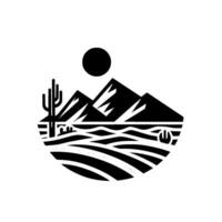 Minimalist monochrome illustration of a desert landscape within a stylized shape, featuring mountains, a cactus, sun, and stylized terrain. vector