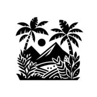 black and white tropical landscape with palm trees, mountains, sun, and various tropical plants in a stylized flat design. vector