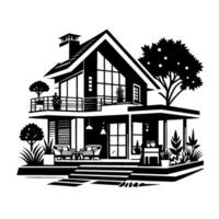 Modern TwoStory House Illustration in Black and White, featuring landscaping, large windows, a balcony, and a chimney, portraying a minimalist architectural style. vector