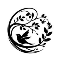Silhouette of a bird in flight nestled within a stylized tree branch and foliage design, presented in a circular frame with delicate flower accents. vector