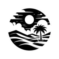 Monochrome illustration of a palm tree silhouette framed within a circle, featuring sand dunes, clouds, and a large moon in a minimalist style. vector
