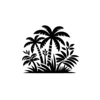 Silhouetted Black Palm Tree Oasis with Lush Vegetation on White Background, Minimalist Design, Natures Embrace vector