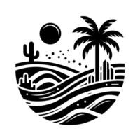 Stylized black and white desert landscape with cactus, palm tree, city skyline, and sun, contained within a curved horizon, capturing a modern aesthetic. vector