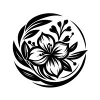 Intricate floral enclosed in a circle, showcasing a black and white, stylized, botanical illustration featuring a central flower, leaves, and delicate buds, offering a sense of elegance and sim vector