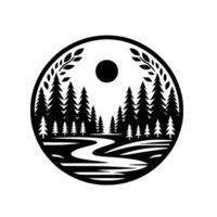Black and White Circular Illustration of a Forest Landscape with Trees, River, and Sun, Framed by Foliage. vector