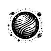 A minimalist black and white illustration of a stylized planet with striped detailing, surrounded by smaller celestial bodies, dots, and line segments. vector