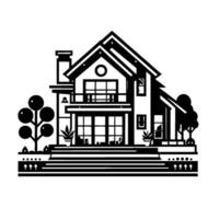 Modern Black and White House Illustration Featuring Geometric Design, Lush Landscaping, and a Balcony with Glass Doors, Emphasizing Minimalist Architecture. vector