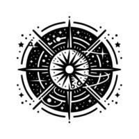 Celestial Compass A minimalist black and white illustration featuring a starfilled navigational instrument with a sunlike center, encircled by constellations and astral elements. vector