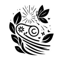 Stylized black and white naturethemed illustration featuring a butterfly, leaves, sunburst, flowers, and a C in an abstract, circular design. vector
